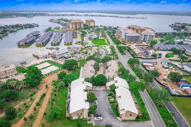 bird's eye view with a water view