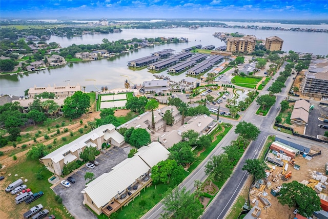 drone / aerial view with a water view