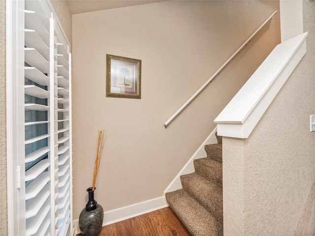 staircase with hardwood / wood-style flooring and radiator