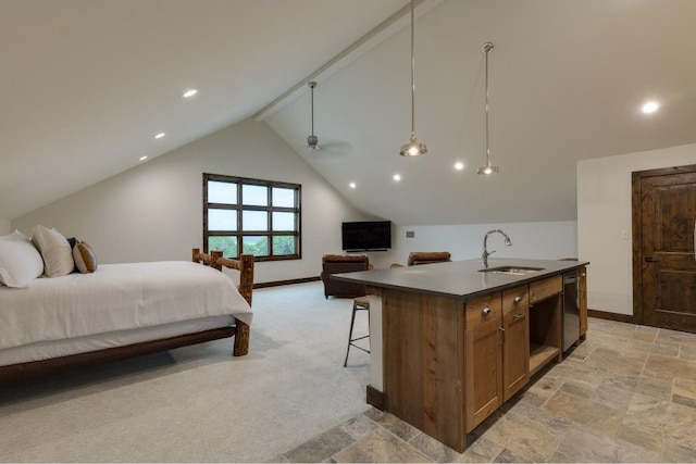 carpeted bedroom featuring vaulted ceiling with beams and sink