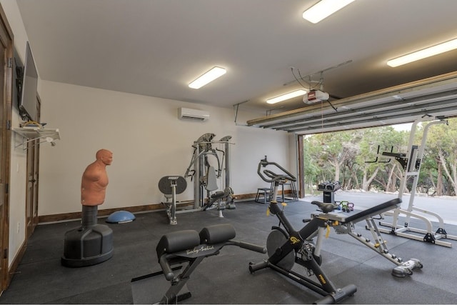 gym featuring an AC wall unit and expansive windows