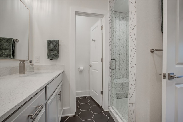 bathroom featuring walk in shower, vanity, and tile patterned floors