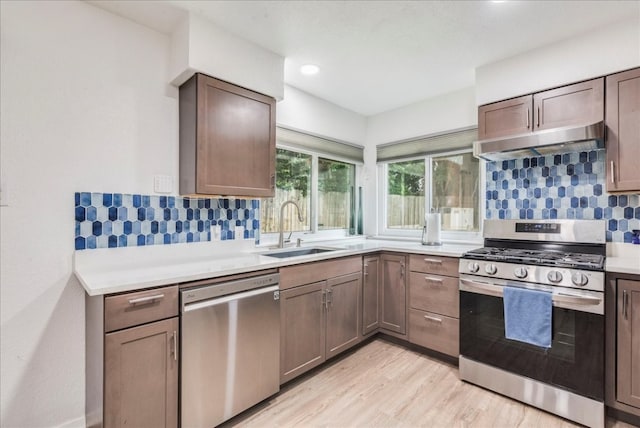 kitchen with decorative backsplash, sink, stainless steel appliances, and light wood-type flooring