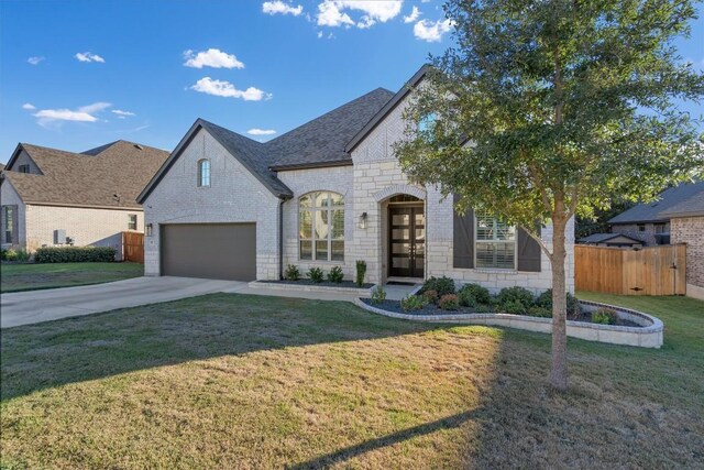 french country inspired facade featuring a garage and a front yard