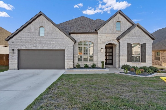 french provincial home with a garage and a front lawn