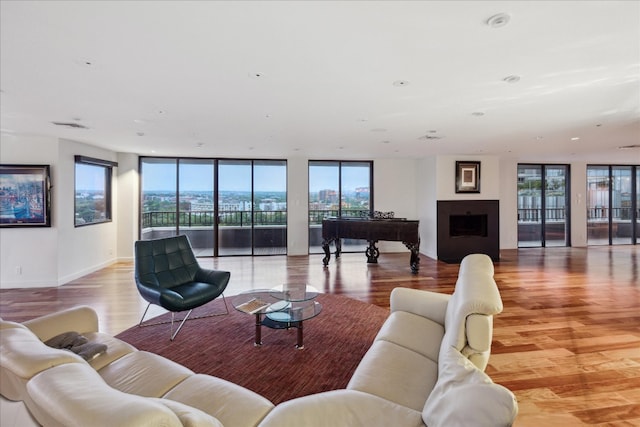 living room featuring light hardwood / wood-style floors and a wall of windows