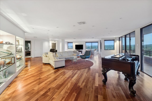 living room featuring a wall of windows and hardwood / wood-style flooring