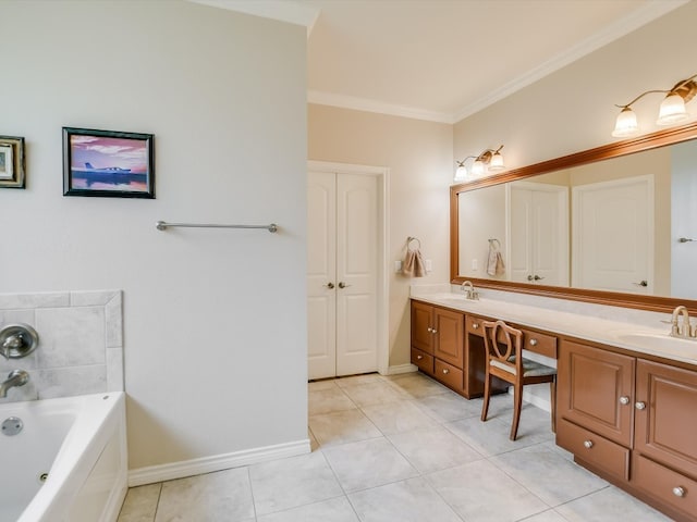 bathroom featuring crown molding, a washtub, tile patterned floors, and vanity