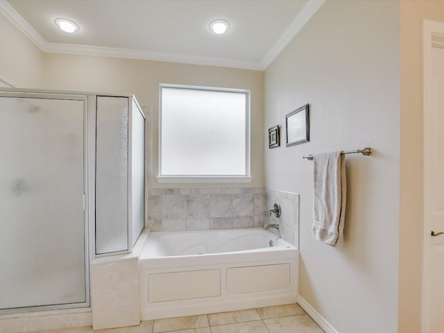 bathroom with ornamental molding, tile patterned floors, and independent shower and bath