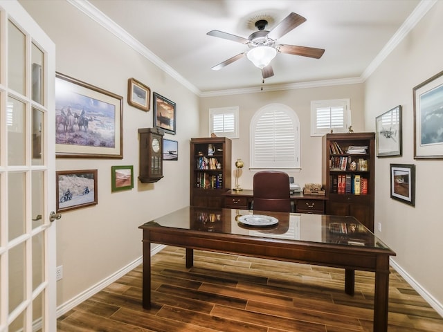 office featuring ornamental molding, ceiling fan, and dark hardwood / wood-style flooring