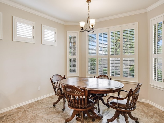 tiled dining area featuring ornamental molding, a chandelier, and a healthy amount of sunlight