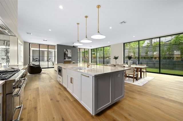 kitchen featuring light stone counters, light wood-style flooring, white cabinets, a sink, and a wall of windows