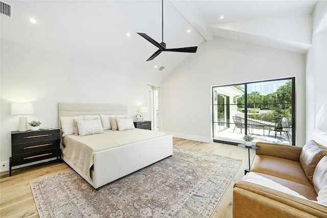 bedroom with ceiling fan, access to outside, light wood-type flooring, high vaulted ceiling, and beam ceiling