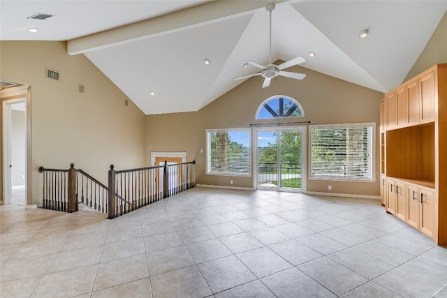 unfurnished living room featuring high vaulted ceiling, beam ceiling, ceiling fan, and light tile flooring