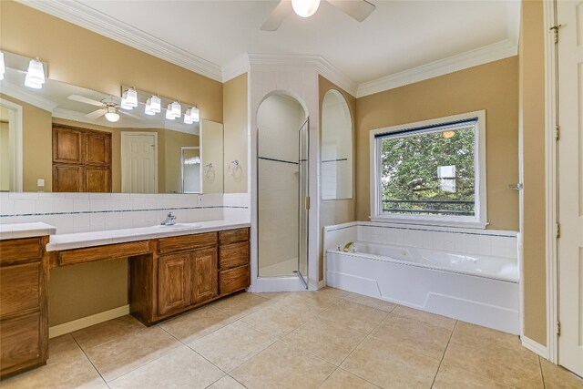 bathroom with vanity, tasteful backsplash, tile floors, and ceiling fan