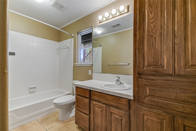 full bathroom featuring crown molding, toilet, vanity, shower / tub combination, and tile floors