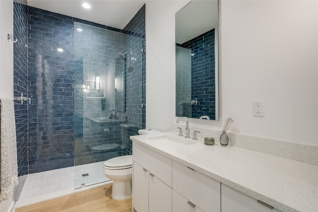 bathroom featuring wood-type flooring, vanity with extensive cabinet space, walk in shower, and toilet