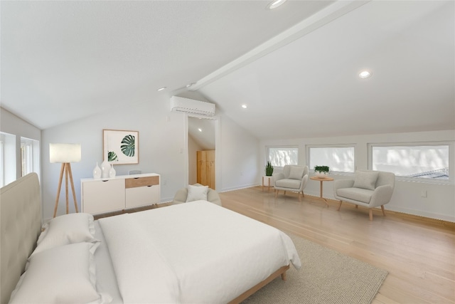 bedroom with an AC wall unit, vaulted ceiling with beams, and light hardwood / wood-style flooring