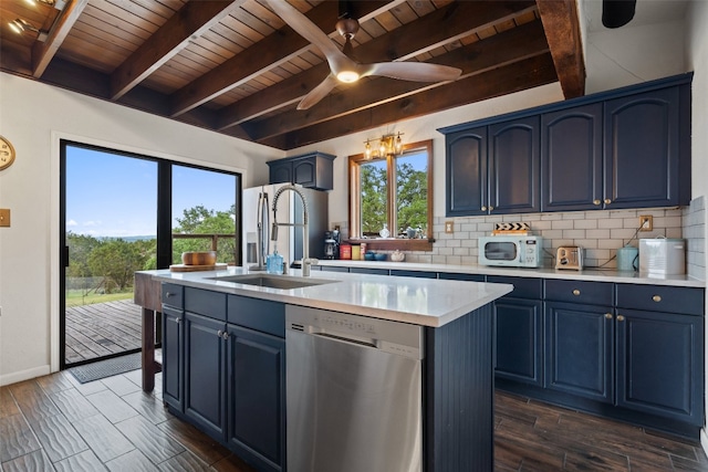 kitchen with dishwasher, backsplash, an island with sink, wooden ceiling, and sink