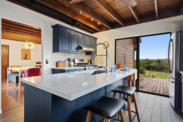 kitchen with stainless steel refrigerator, backsplash, and wood ceiling