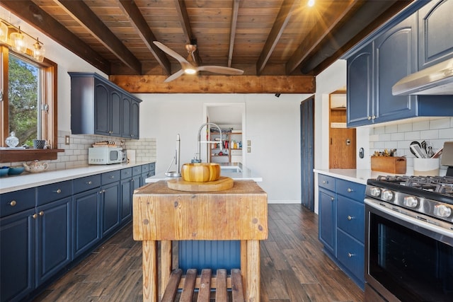 kitchen featuring wood ceiling, beamed ceiling, blue cabinetry, stainless steel range with gas stovetop, and decorative backsplash