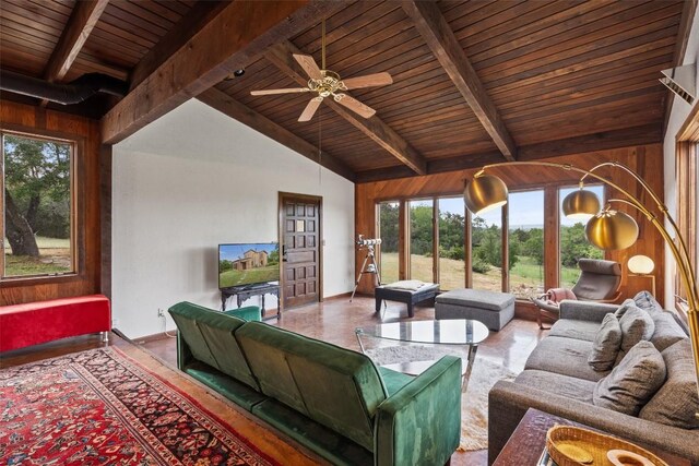 living room featuring lofted ceiling with beams, ceiling fan, wooden ceiling, and wooden walls