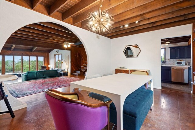 tiled dining space with beam ceiling, ceiling fan with notable chandelier, and wood ceiling