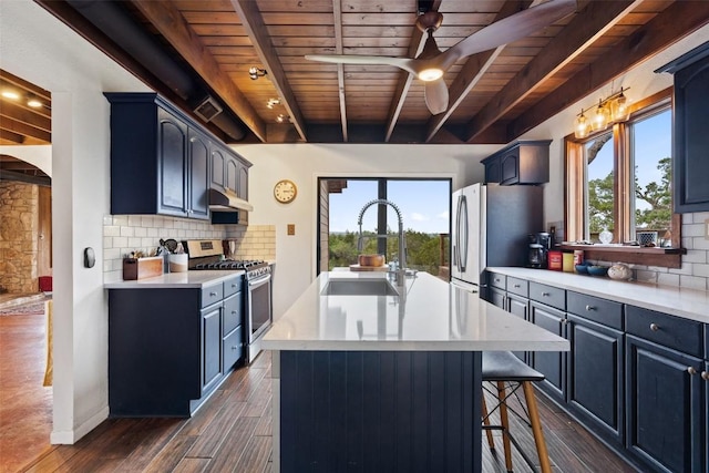 kitchen with wood ceiling, range with gas cooktop, tasteful backsplash, and beam ceiling