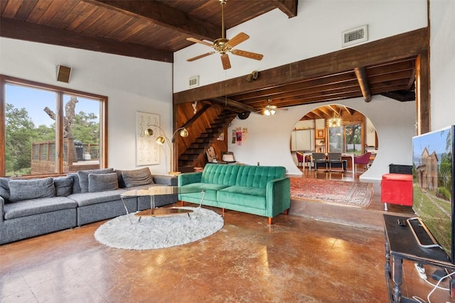 living room with beam ceiling, high vaulted ceiling, ceiling fan, and wooden ceiling