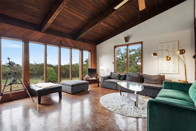 living room featuring lofted ceiling with beams and wooden ceiling