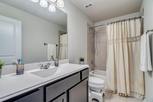 full bathroom featuring shower / tub combo, toilet, tile floors, and large vanity