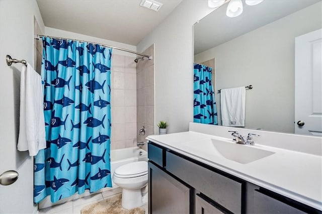 full bathroom featuring shower / bath combination with curtain, tile flooring, toilet, and large vanity