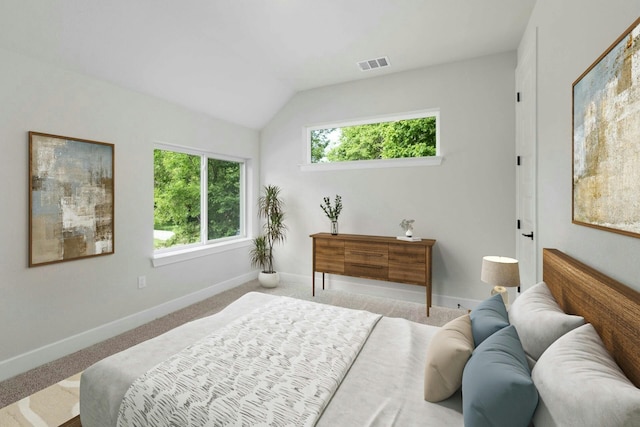 carpeted bedroom featuring lofted ceiling