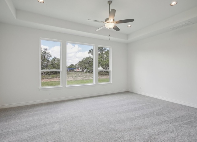 spare room featuring carpet floors, a raised ceiling, and ceiling fan