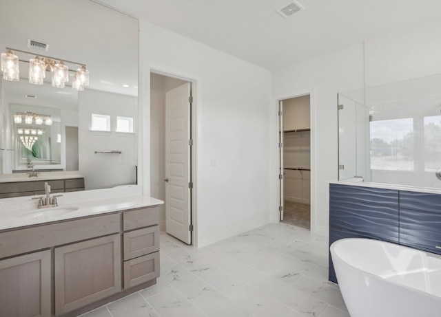 bathroom featuring vanity and plus walk in shower