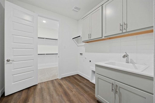 509 Sierra Lisa Cv, Liberty Hill, TX 78642 - washroom featuring cabinet space, washer hookup, hookup for an electric dryer, dark wood finished floors, and recessed lighting