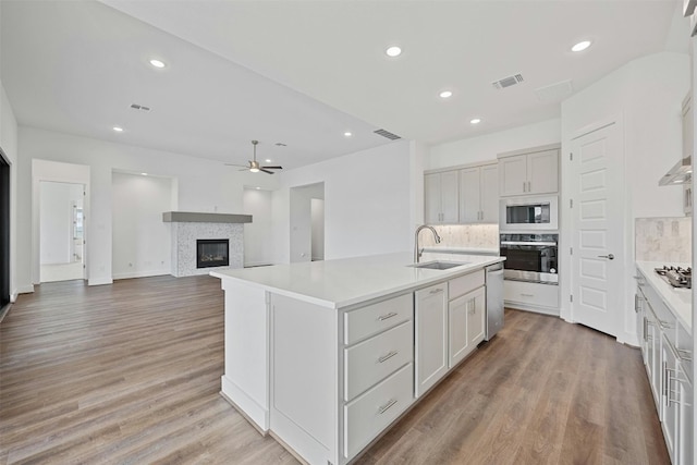 kitchen featuring sink, stainless steel appliances, an island with sink, light hardwood / wood-style floors, and decorative backsplash