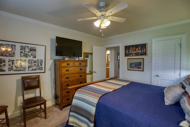 bedroom with ornamental molding, light colored carpet, and ceiling fan