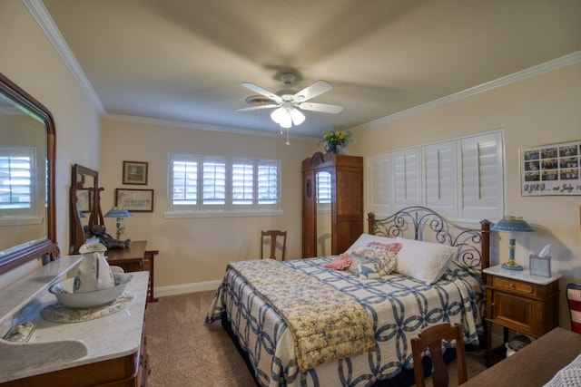 bedroom featuring ceiling fan and crown molding