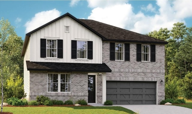 view of front of house with board and batten siding, an attached garage, concrete driveway, and brick siding