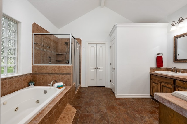 bathroom featuring tile floors, lofted ceiling with beams, shower with separate bathtub, and vanity