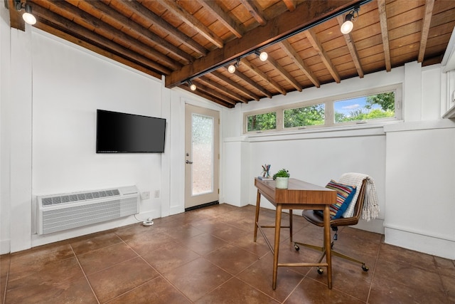 tiled dining space with wooden ceiling, lofted ceiling with beams, and track lighting