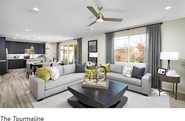 living room featuring a healthy amount of sunlight, light wood-type flooring, and ceiling fan