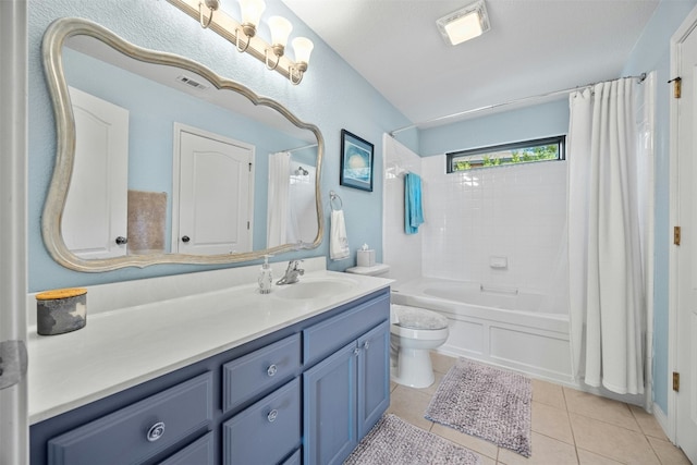 full bathroom featuring tile patterned flooring, vanity, shower / tub combo with curtain, and toilet