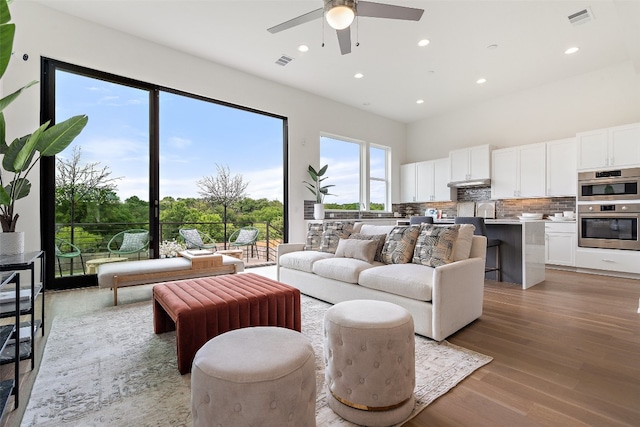 living room with ceiling fan and hardwood / wood-style flooring