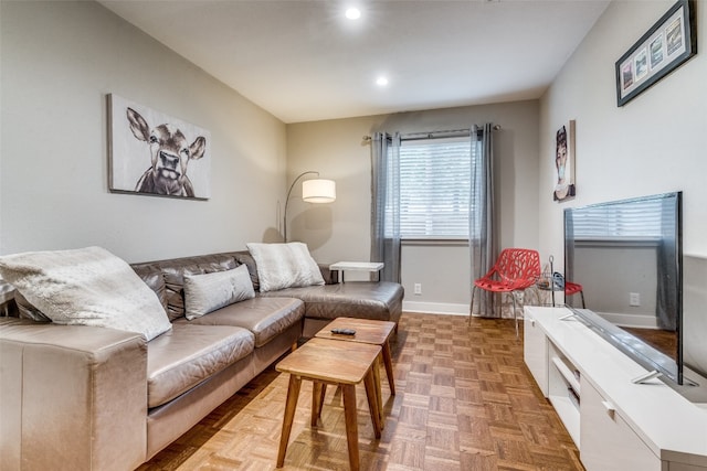 living room with parquet flooring