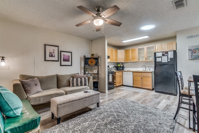 living room with light hardwood / wood-style floors, sink, ceiling fan, and a textured ceiling