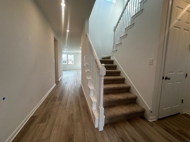 stairway with hardwood / wood-style floors