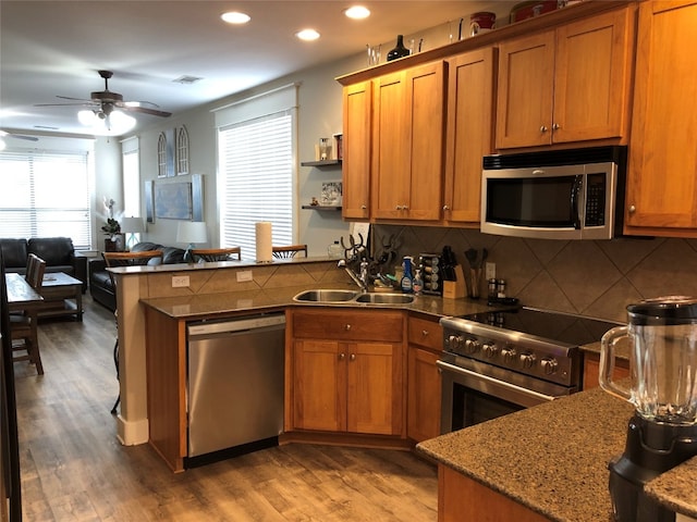 kitchen with appliances with stainless steel finishes, a wealth of natural light, sink, and ceiling fan