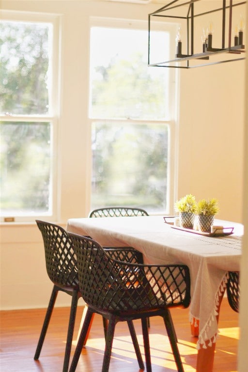 dining space featuring a notable chandelier, light hardwood / wood-style flooring, and plenty of natural light